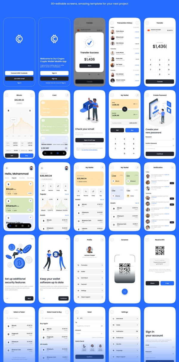 Crypro含30屏加密货币钱包&金融理财手机APP设计UI模板